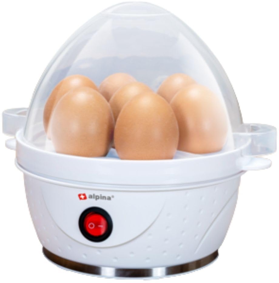 alpina Elektrischer Eierkocher – Eierkocher für 7 Eier – inkl. Messbecher, Eierständer und Eierstecher – 230 V – 320–380 W – Warnsignal – Rutschfest – Weiche/Mittelharte oder Hartgekochte Eier