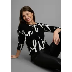 Jacquardpullover LAURA SCOTT, Damen, Gr. 44, schwarz-weiß (schwarz weiß gemustert), Feinstrick, Obermaterial: 70% Viskose, 30% Polyamid, Jacquardmuster, casual, figurumspielend hüftbedeckend, U-Boot-Ausschnitt, 3/4-Ärmel, Pullover, mit Schriftmuster