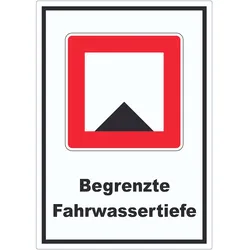 Begrenzte Fahrwassertiefe Tiefe unter Wassserspiegel begrenzt Symbol und Text A9 (37x52mm)