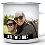 Emaille Tasse Fototasse Bedrucken und Personalisieren - Silberner Trinkrand für Camping personalisiert