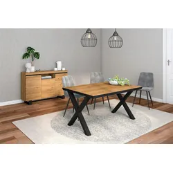 SKRAUT HOME Wohnzimmermöbel-Set, Tisch 140x90x75cm frontal Schwarze Füße X 6 Essecken, Sideboard / Anrichte 140x90x75cm , Eiche und Schwarz - 1070_985