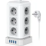 NVEESHOX Mehrfachsteckdose mit Schalter, 12 Fach Steckdosenturm mit 4 USB, 4000W 16A Hochleistungs Steckdosenleiste, 2M Verlängerungskabel, Praktische Steckerleiste für Zuhause, Büro Küche (Grau)