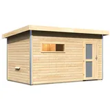 Karibu Saunahaus Skrollan 3 mit Vorraum naturbelassen-Ohne Ofen-Milchglas-Saunatür (blickdicht) inkl. 10-teiligem gratis Saunaset im Wert von 232,94 €