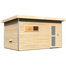 Karibu Saunahaus Skrollan 3 mit Vorraum naturbelassen-Ohne Ofen-Milchglas-Saunatür (blickdicht) inkl. 10-teiligem gratis Saunaset im Wert von 232,94 €