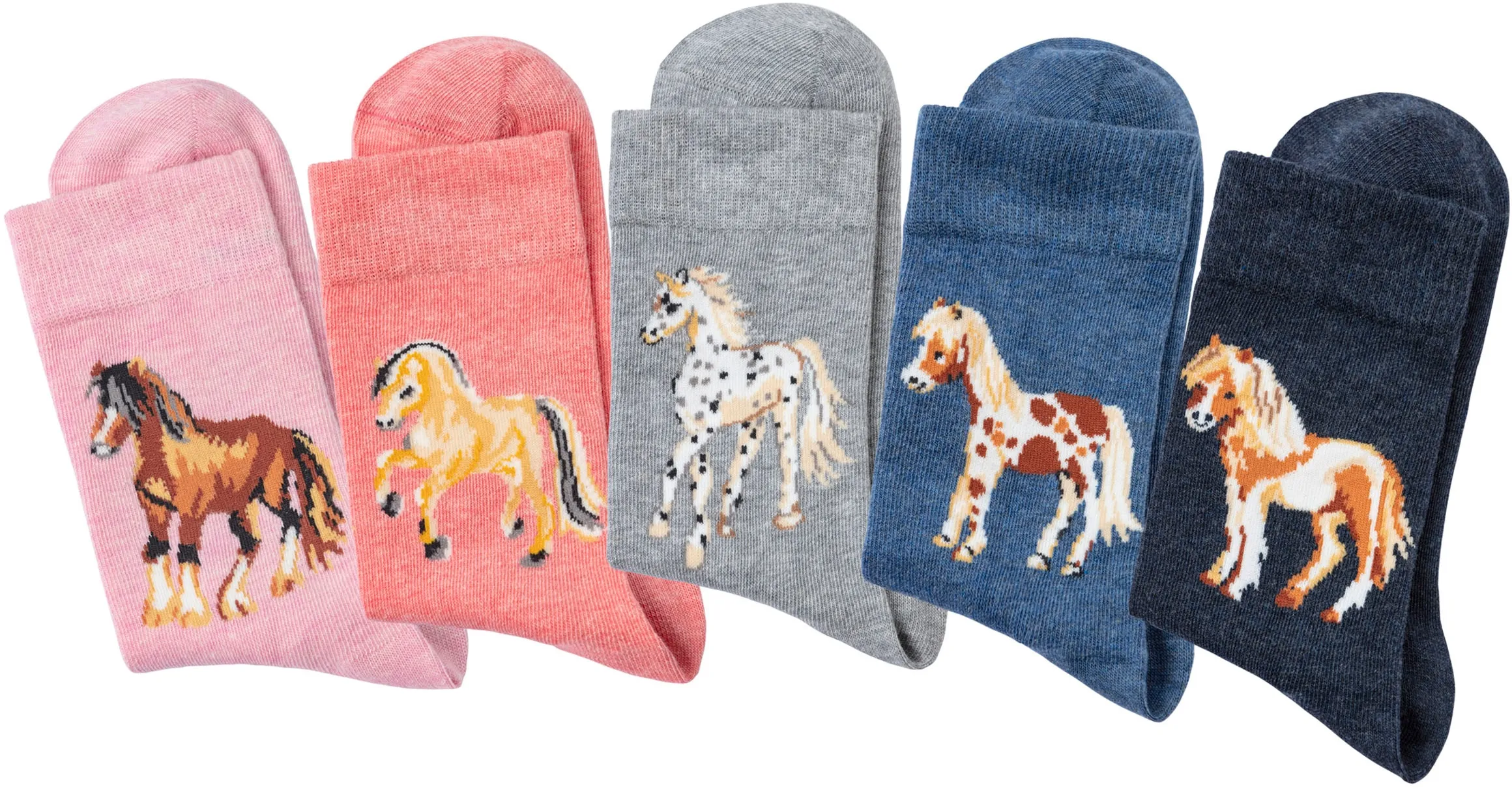 H.I.S Socken, (Packung, 5 Paar), Mit unterschiedlichen Pferdemotiven H.I.S 1x hellrosa-meliert, 1x lachs-meliert, 1x hellgrau-meliert, 1x jeans-meliert, 1x dunkel jeans-meliert 39-42