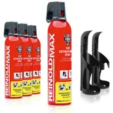 Xenotec Premium Feuerlöschspray – 4 x 750ml – 2 Wandhalter - Stopfire – Autofeuerlöscher – REINOLDMAX – inklusive Wandhalterung schwarz – wiederverwendbar