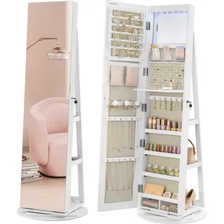 Songmics Schmuckschrank mit LED und Spiegel, 3 Ablagen, 360° drehbar, weiß