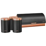 Briebe BB1161BLKM Set aus Brotkasten +3 Küchenvorratsdosen aus Robustem Edelstahl Modernes Design, Mattschwarz/Rosegold