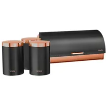 Briebe BB1161BLKM Set aus Brotkasten +3 Küchenvorratsdosen aus Robustem Edelstahl Modernes Design, Mattschwarz/Rosegold