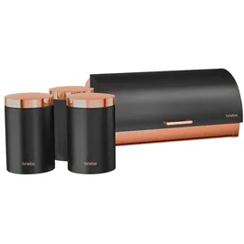 Briebe BB1161BLKM Set aus Brotkasten +3 Küchenvorratsdosen aus Robustem Edelstahl Modernes Design, Mattschwarz/Rosegold