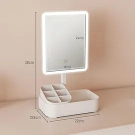 Homcom Schminkspiegel mit Beleuchtung 22x13,8 cm wiederaufladbar 180°Drehbar LED Kosmetikspiegel mit Aufbewahrungsbox, 2 Beleuchtungsmodi Touchschalter, dimmbar, abnehmbar, Weiß