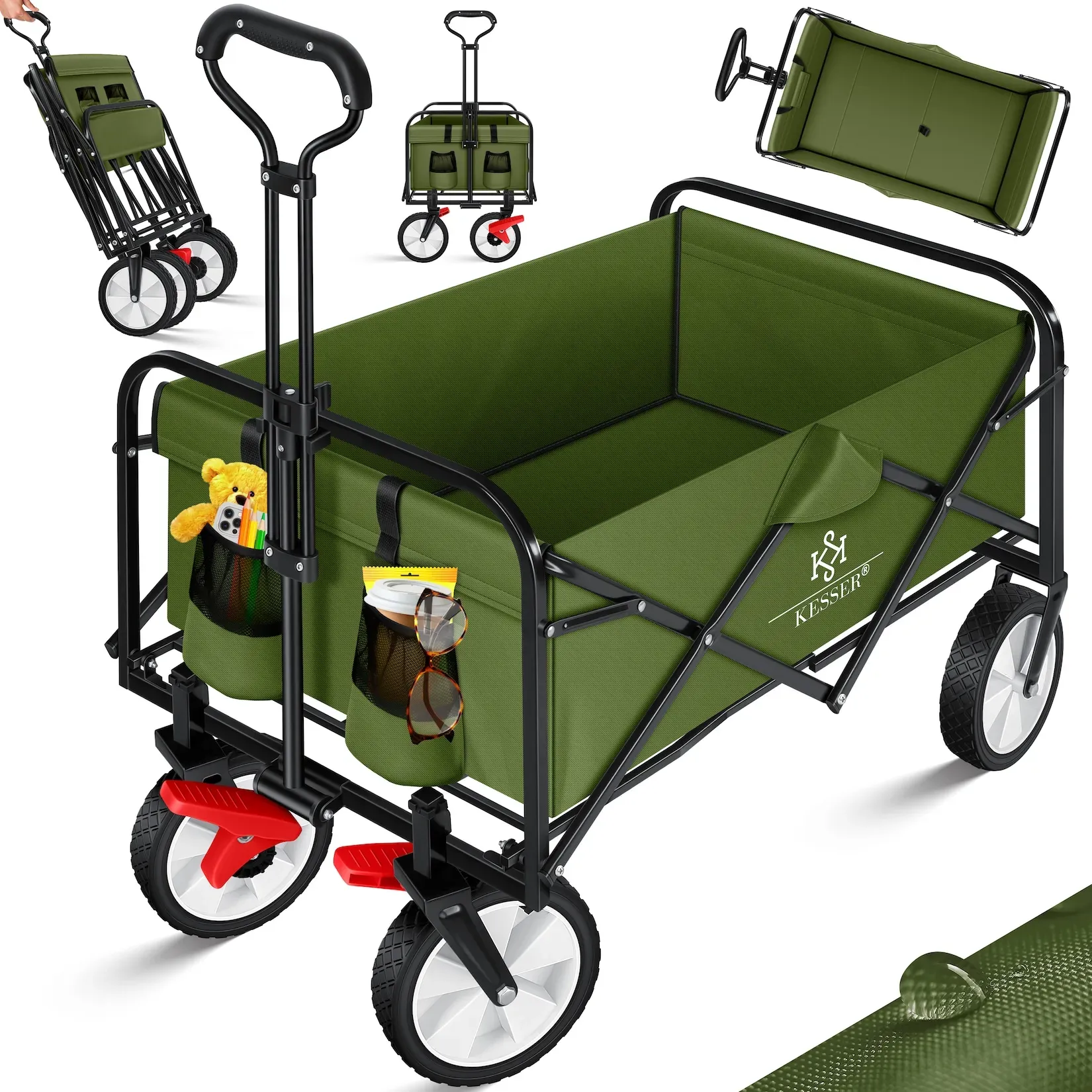 KESSER® Bollerwagen faltbar Handwagen Transportkarre Gerätewagen   inkl. 2 Netztaschen & Cover   klappbar   PVC-Reifen   bis 80 kg Tragkraft transportwagen Gartenanhänger ohne Dach