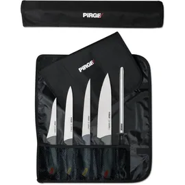 Pirge Gastro Profi Messerset mit Tasche 6 Stück - Griff mit Farbeinsatz - Profi Kochmesser Set - Edelstahl Profi Küchenmesser Set - Messer Set Scharf