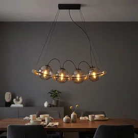 GLOBO Pendellampe 4-flg. 75 cm Rauchglas Metall schwarz Holz braun