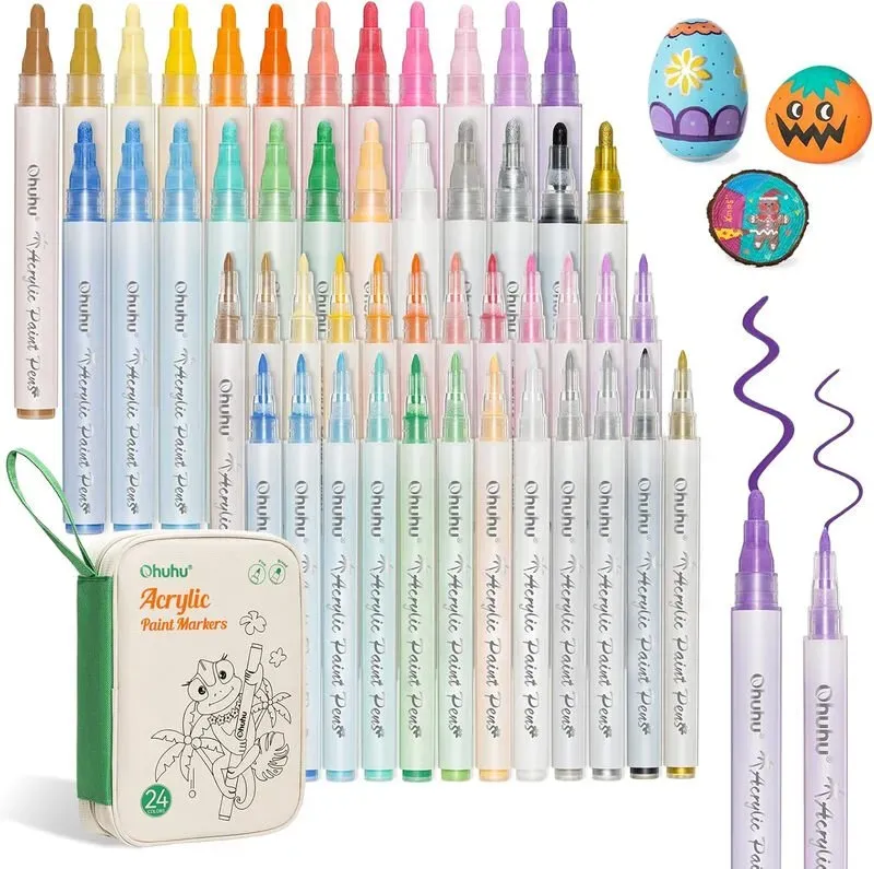 Ohuhu 48 Stück Acrylstifte: Doppelpack mit feiner Spitze & umkehrbaren Spitzen (Meißel & Rund) 24 Farben Acrylmarker
