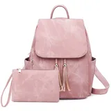 DIRRONA Rucksack Damen Lässig Mehrere Taschen Schultertaschen Large Rucksack PU Leder wasserdichte Diebstahlschutz Bag Ausflüge Schule Arbeit Damen Quaste Rucksack Mit Kleine Kupplung Rosa