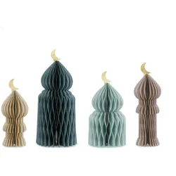 PartyDeco Papierwaben Deko Moschee mit Halbmond 22-33cm 4er Set Wabenfiguren Ramadan Eid Islamische Tischdeko Raumdeko Papierdeko zum Stellen