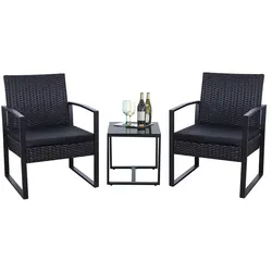 Gartenset Rattan Skala - Farbe: Schwarz - 3-teiliges Gartenmöbel Komplettset bestehend aus 2x Sessel und 1x Tisch aus pulverbeschichtetem Metall