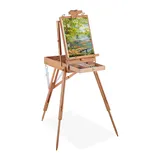 Relaxdays Kofferstaffelei Holz, für Erwachsene, Höhe & Neigung verstellbar, tragbar, XL Staffelei mit Schublade, natur