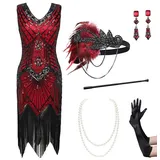 BABEYOND Damen Flapper Kleider Set 1920er V Ausschnitt Great Gatsby Kleid mit Zubehör Set