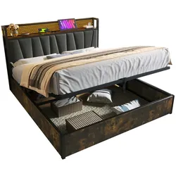 Merax Polsterbett Metallbett LED App-Control Doppelbett mit aufladen USB und LED-Beleuchtung, Metallbett 180x200cm, Holz