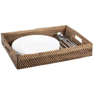 Casa Moro Dekotablett Rattan Serviertablett Lisa Braun rechteckig mit Griffe (Boho Chic Servierplatte), dekoratives Tablett für Getränke, Frühstück, Tee, Service beige