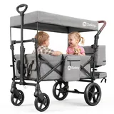 Sekey Bollerwagen Faltbar mit Dach, Kinder Bollerwagen mit XXL Rädern (Ø 24/20 cm) für 1–2 Kinder, Federung & Kugellager, gepolstert & komfortabel, Schiebe- und Ziehgriff, SS8080, Graue Paspelierung