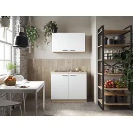 Respekta Merle Miniküche mit integrierter Mikrowelle und Edelstahlspüle, 100 cm, weiß