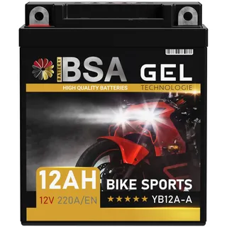 BSA YB12A-A GEL Motorradbatterie 12V 12Ah 220A/EN Batterie doppelte Lebensdauer entspricht 51211 YB12A-B CB12A-A vorgeladen auslaufsicher wartungsfrei ersetzt 10Ah