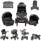 Moni Kinderwagen Polly 3 in 1 Babyschale, Babywanne, Sportsitz, klappbar, Tasche schwarz