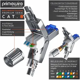 Primewire 8x Netzwerk-Adapter RJ-45 (Ethernet) zu Netzwerkkabel, Netzwerkstecker RJ45 CAT 8 - Gigabit Ethernet LAN Kabel - 40 Gbit/s, silber