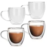 4 Stück Kaffeeglas Latte Macchiato Gläser mit Henkel, 250ml Doppelwandige Kaffeegläser Teeglas, Kältebeständigkeit und Hitze Kaffeetassen Glas für Cappuccino Latte Tee Kaffee Milch Saft Bier