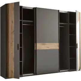 SchlafKONTOR Kleiderschrank SCHLAFKONTOR "Daria Drehtürenschrank, Schwebetürenschrank, Schiebetürenschrank", grau (graphit, viking oak hell), B:267cm H:210cm T:60,4cm, Melamin, Schränke, Kleiderschrank, Absetzung in Viking Oak heller Rillenoptik