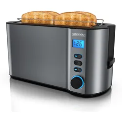 Arendo Langschlitztoaster 4 Scheiben, Edelstahl Toaster mit Restzeitanzeige, 1500W, Doppelwandgehäuse, Brötchenaufsatz, 6 Bräunungsgrade