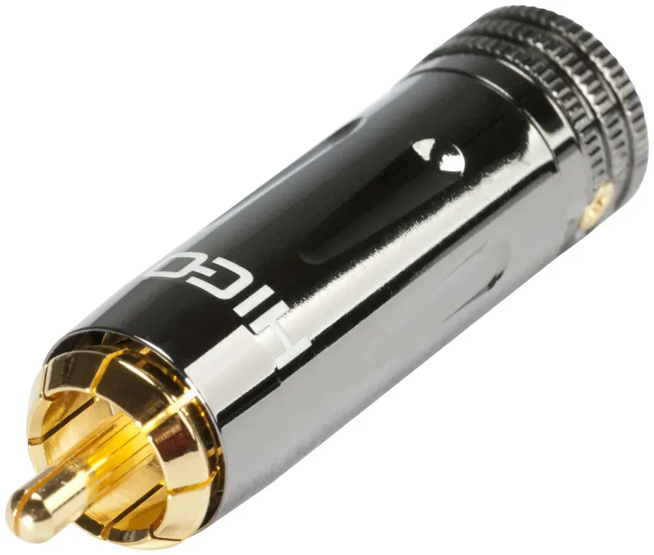 HICON Cinch / RCA mit Pressspangen-Verriegelung, 2-pol , Metall-, Löttechnik-Kabelstecker, vergoldete(r) Kontakt(e), gerade, chromfarben