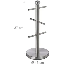 Relaxdays Tassenhalter, mit 6 Stangen, zum Hinstellen, Edelstahl, für Kaffeebecher, Küche, runder Tassenbaum, silber