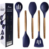 Miusco Silikon Kochlöffel Set, Antihaft-Silikon-Küchenutensilien-Set, 5-teilig, Küchenhelfer Set mit Akazien-Hartholzgriff, Blau, BPA-frei, Silikon-Küchenutensilien-Set zum Backen & Servieren