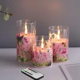 Eywamage Rosa Kolibri Blumen Glas Flammenlose Stumpenkerzen mit Fernbedienung, Flackernde LED Batterie Kerzen 3 Stück