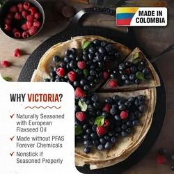 Victoria Grillplatte Gusseisen für Pizza, Pfanne 38cm mit Griffen, Induktion, Feuer, Ofen, VIC-34474, Schwarz
