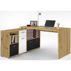 FMD Eckschreibtisch FMD "Lexo", weiß (artisan, oak, weiß), B:136cm H:74cm T:66,5cm, Tische, Eckschreibtisch, Schreibtisch/Sideboard viel Stauraum, beidseitig montierb., 136/205 cm