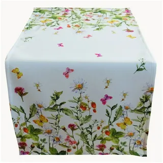 Raebel OHG Raebel Tischläufer 40 x 90 cm Tischdecke Mitteldecke Ostern Tischdeko Frühling weiß bunt Blumen Schmetterlinge