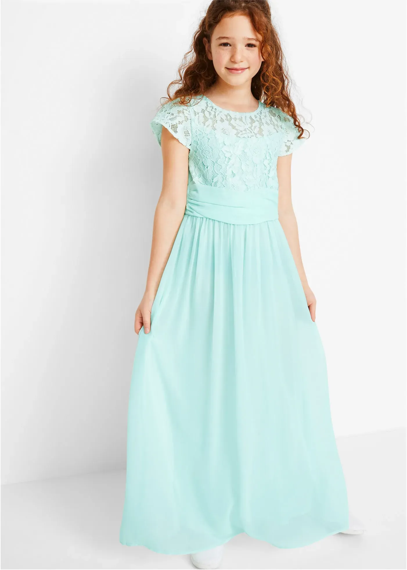 Chiffonkleid BONPRIX, Mädchen, Gr. 170, N-Gr, blau (pastellmint), Chiffon, Obermaterial: 100% Polyester. Futter: 100% Polyester, festlich, regular fit, Kleider Chiffonkleid, festliches Kleid, mit Spitzenoberteil, aus Chiffon, mit kurzem Arm