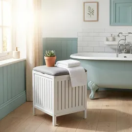 Relaxdays Wäschekorb zum Sitzen, Walnussholz weiß/grau