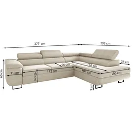 kaiser möbel Ecksofa mit schlaffunktion und bettkasten Eckcouch L-Form ATOMIC stoff Poso Rechts Beige - Beige