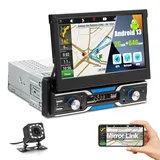 [2GB+64GB] CAMECHO 1 Din Android 13 Autoradio mit Navi, 7 Zoll Automatisch Ausfahrbares Flip Out Display Autoradio mit WiFi Verbunden/GPS/Bluetooth/FM Empfänger/USB/EQ/Mirror Link +Rückfahrkamera