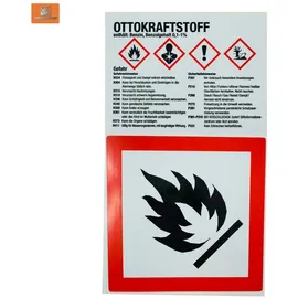 TRIZERATOP Warnschild Ottokraftstoff Benzin Gefahrenhinweise + Symbol Flamme 1 Stück Bunt