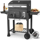 Tlgreen - Grau Holzkohlegrills, Grillwagen Xxl, Kohlegrill Groß, Holzkohlegrill Mit Deckel, Grillrost, Rädern Und Thermometer, Edelstahl-griff, Smoker Grill, 130x137x49cm, Bbq Grill Für Camping Und Gart