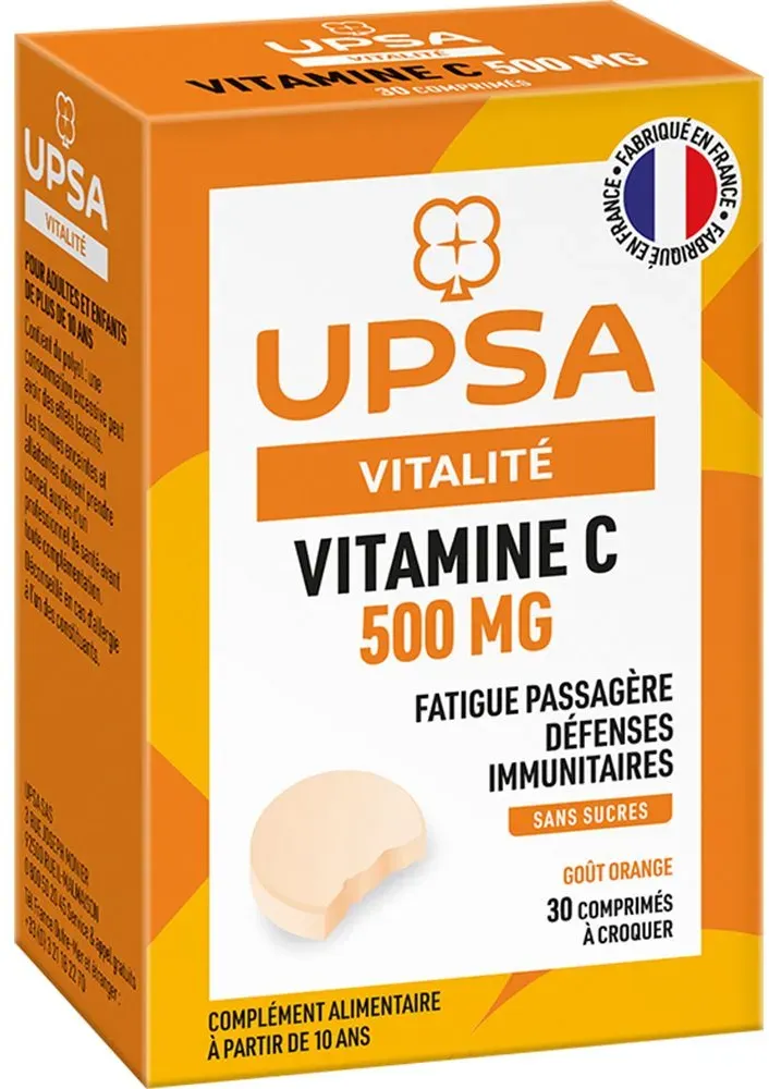 Vitamine C UPSA 500 mg - 30 comprimés à croquer - Adulte & Enfant dès 10 ans - Complément alimentaire sans sucres, goût orange - Fatigue passagère et défenses immunitaires 15 pc(s) comprimé(s) à croquer