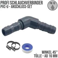 16 mm PVC PROFI Winkel 45° Schlauch Verbinder Stutzen Tülle Pool Teich Garten - ...