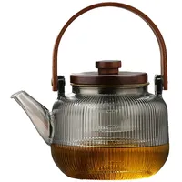 Glas Teekanne mit Siebeinsatz,Teekanne aus Borosilikatglas, 1L Teekanne aus klar, hitzebeständig,mit Deckel und Verbrühungsschutzgriff Holzgriff hitzebeständige,für Herd Elektroherd (Grau,Gestreift)